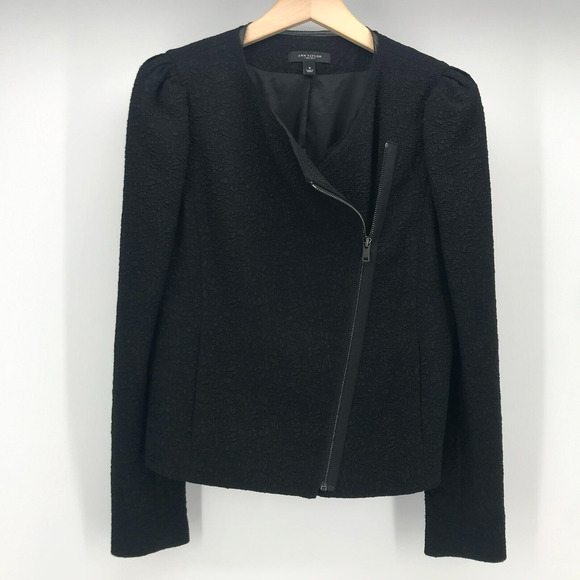 Ann Taylor Blazer Womens 8 Black Textured Fabric Moto Zip Front Pockets Modern - Picture 1 of 10